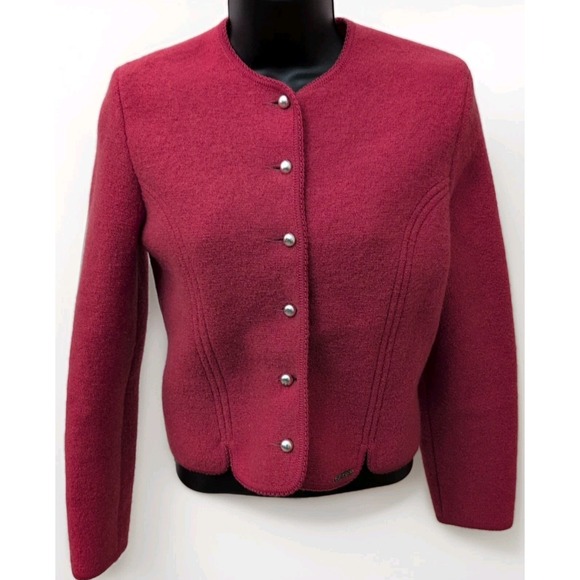 Geiger Tyrol Austria Boiled Wool Cardigan‎ Knit Sweater Jacket Red Size 38 - Picture 1 of 9